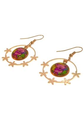 Grateful Dead Inspired Dancing Bear Rose Gold Flower Hoop Earrings, Handmade